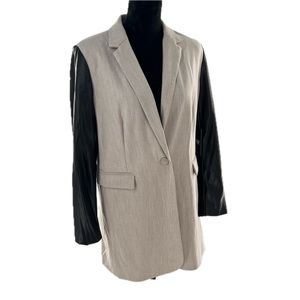 DKNY Mixed Media Faux Leather Sleeve Jacket Beige/Black Size Medium, NWT
